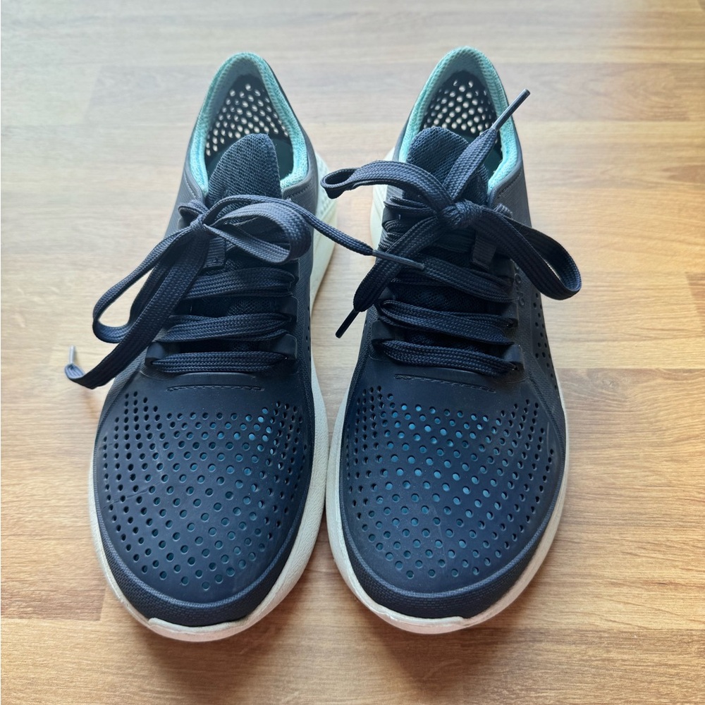 Navy Perforated Lace-Up crocs with Teal Lining